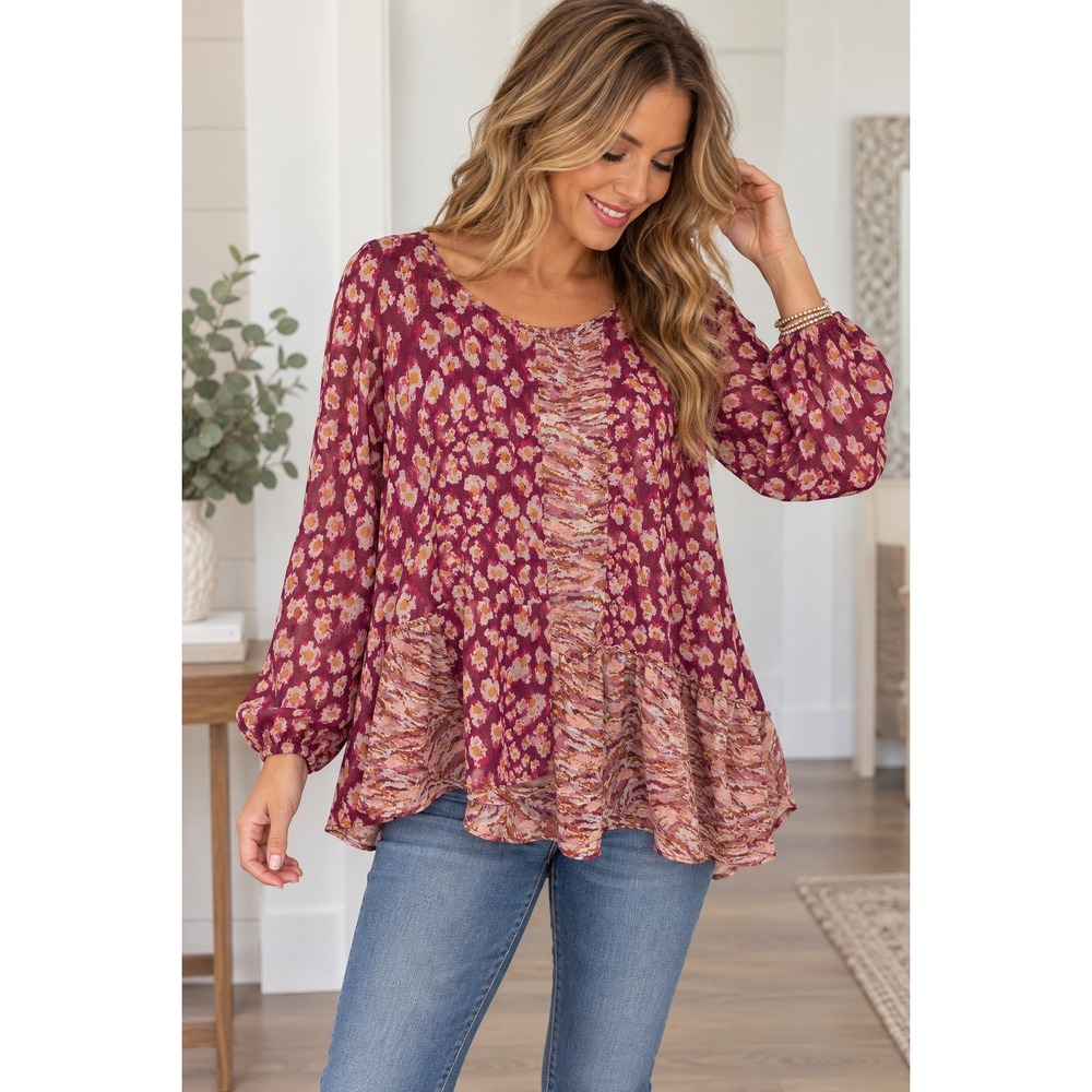 LOGO Lori Goldstein Floral Leopard Print Ruffle Blouse Burgundy Pink Large